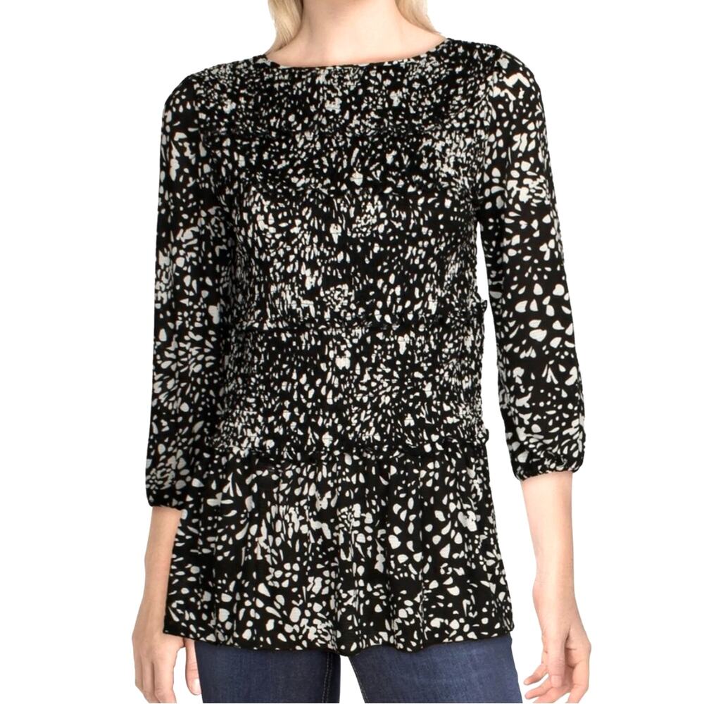 Single Thread Black & White Smocked Peplum Tunic Blouse Boho Ruffle Top - L